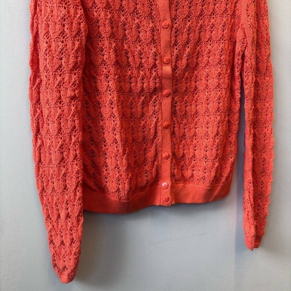 Sparrow Medium Coral Orange Cardigan Open knit crochet button front - Picture 6 of 12